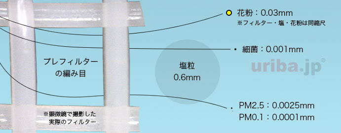 プレフィルターと花粉のサイズ比較